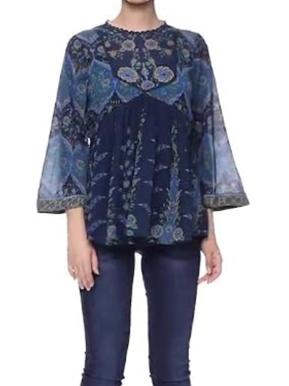 Label Ritu Kumar Navy Teal Floral Boho Babydoll Peasant Top Blouse M